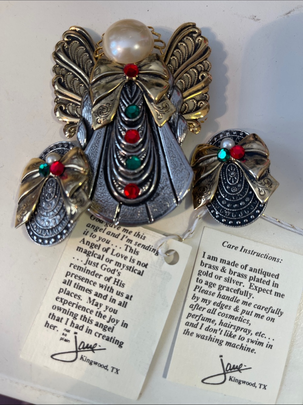 Red and Green 3” Jane Angel brooch with matching earrings